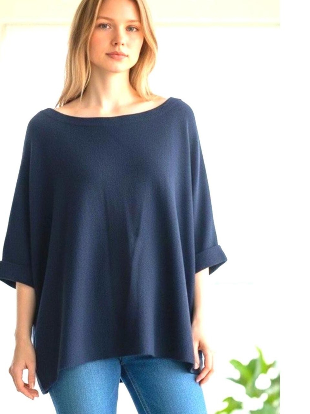 Eileen Fisher Size L Navy Blue Oversized Boat Neck Dolman Sleeve Knit Tunic